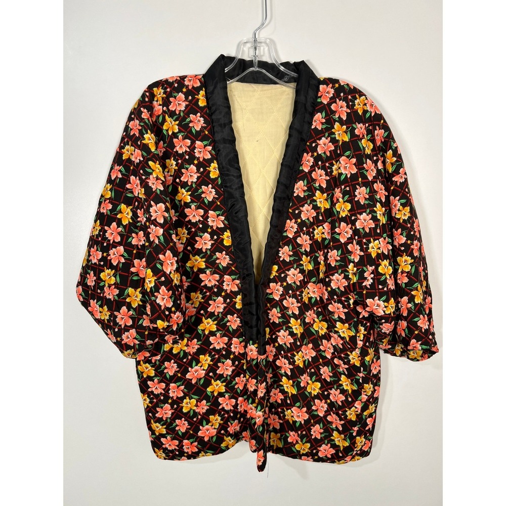 Vintage Quilted Kimono Jacket Floral Black Yellow Boho Haori Maximalist Large